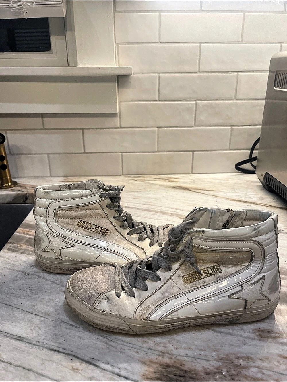 Golden Goose Slide High Top Sneakers in White & Gray